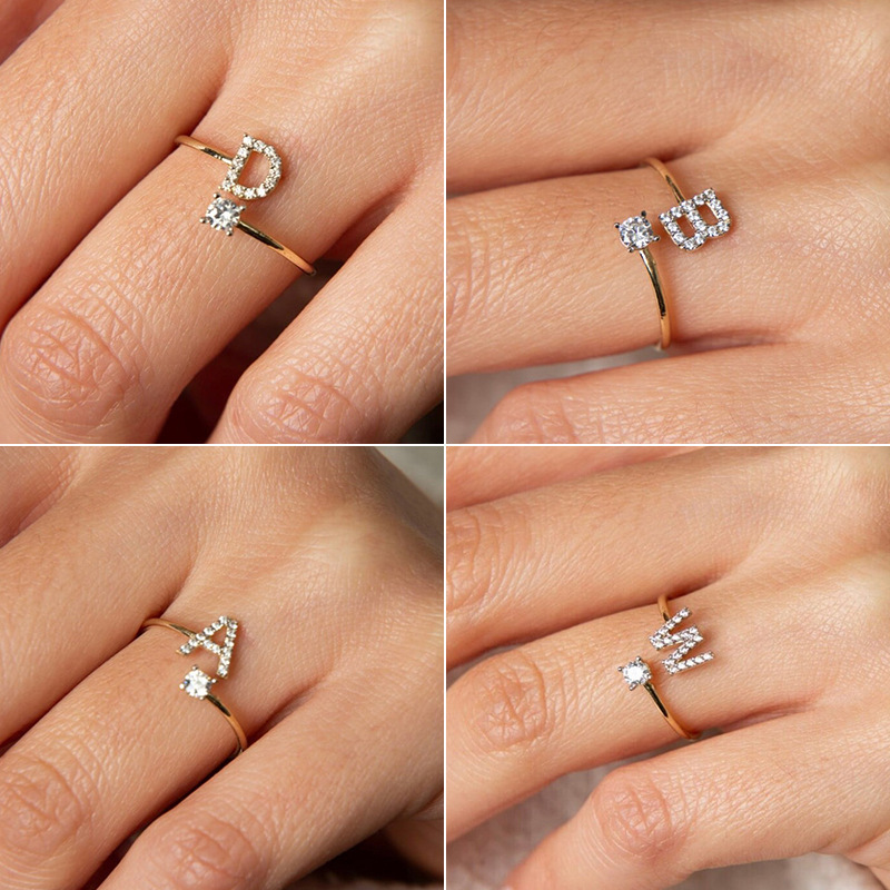 Initial Ring – Diamond-Studded Alphabet Open Ring for Women | Customizable