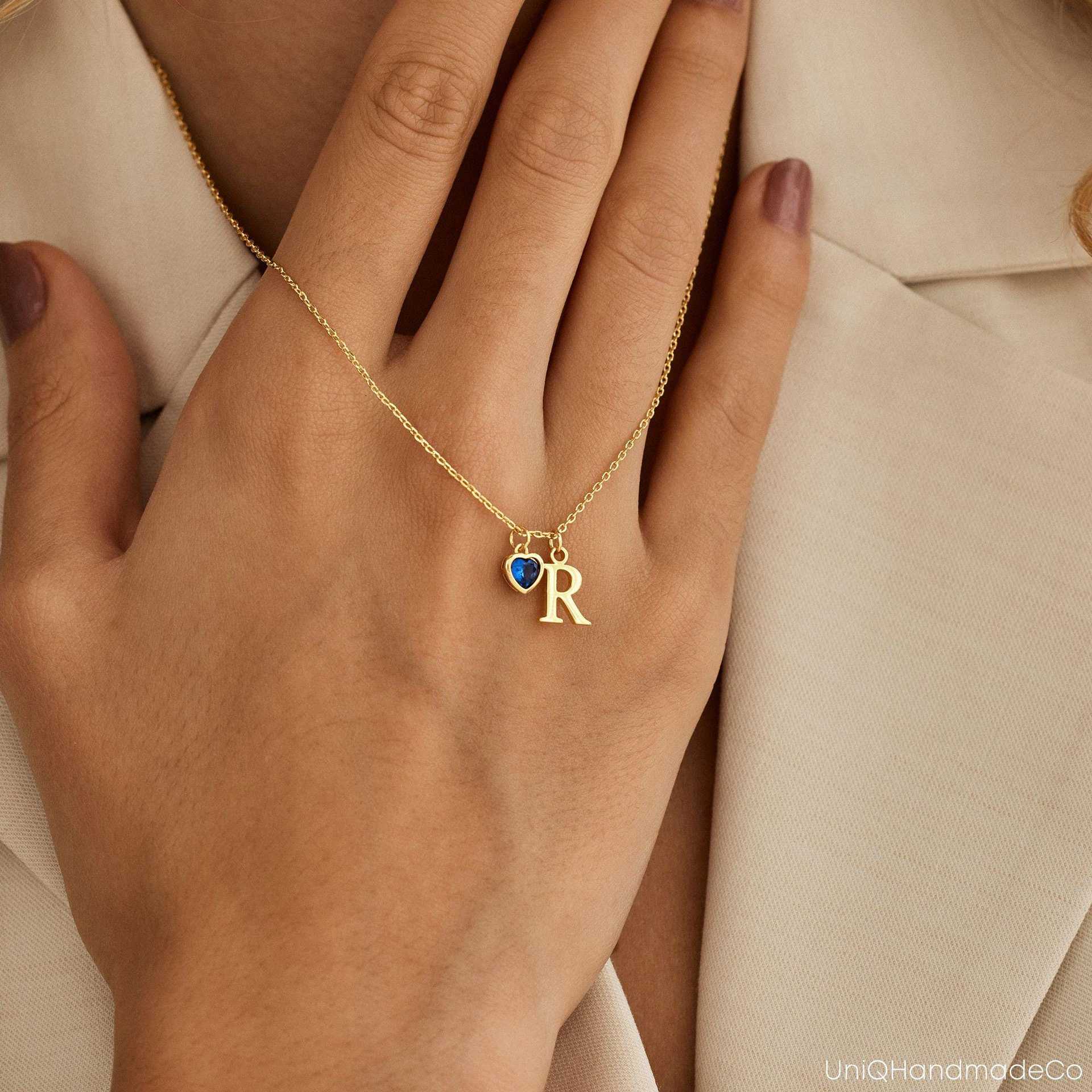 Initial Necklace – Gold Heart Birthstone Alphabet Pendant for Women