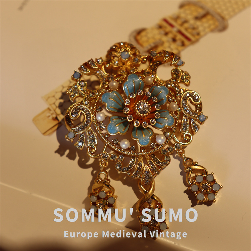 Vintage Brooch – Byzantine Blue Crystal Turquoise Enamel Pearl Pendant Pin