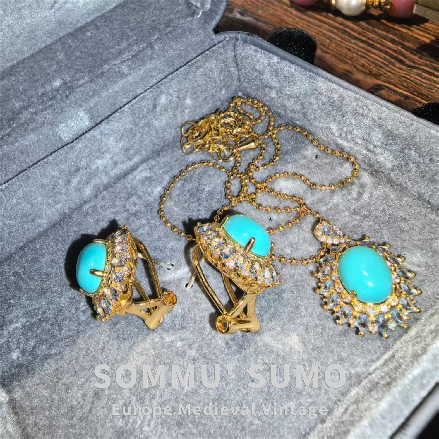 Pendant Necklace and Ring-Inspired Turquoise Vintage Jewelry Set – Necklace & Earrings