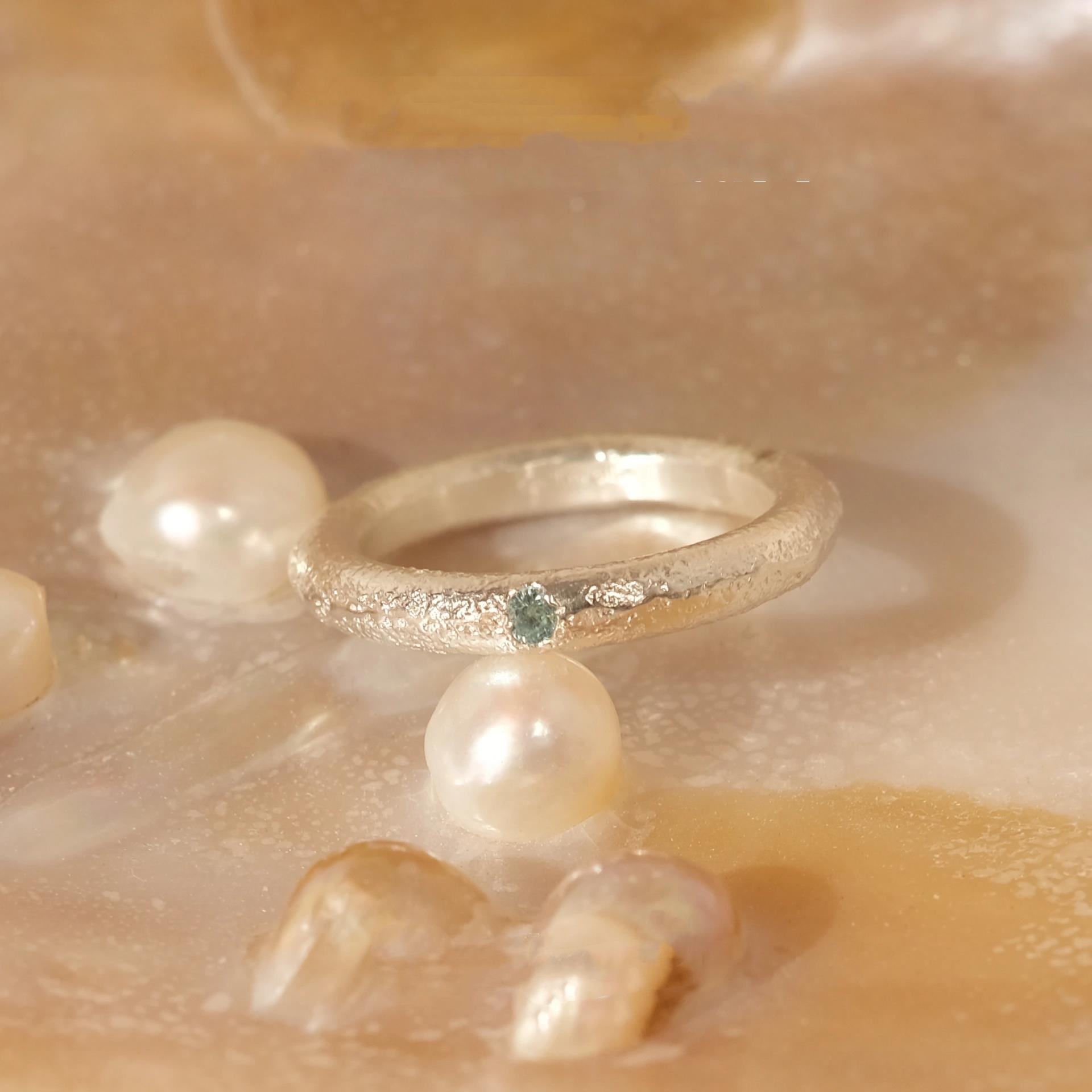 Ring – Sterling Silver Brushed Aquamarine Minimalist Textured Design