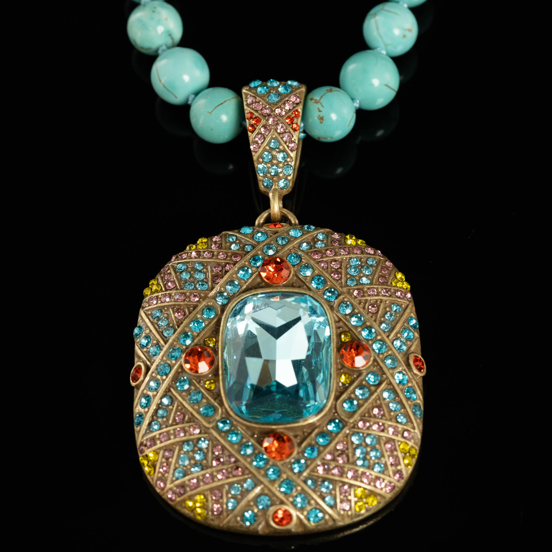 Pendant Necklace – Vintage Turquoise & Zircon Antique Gold Statement Jewelry