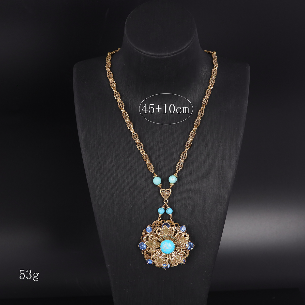 Pendant Necklace – Vintage Gold-Tone Turquoise Flower Statement Jewelry