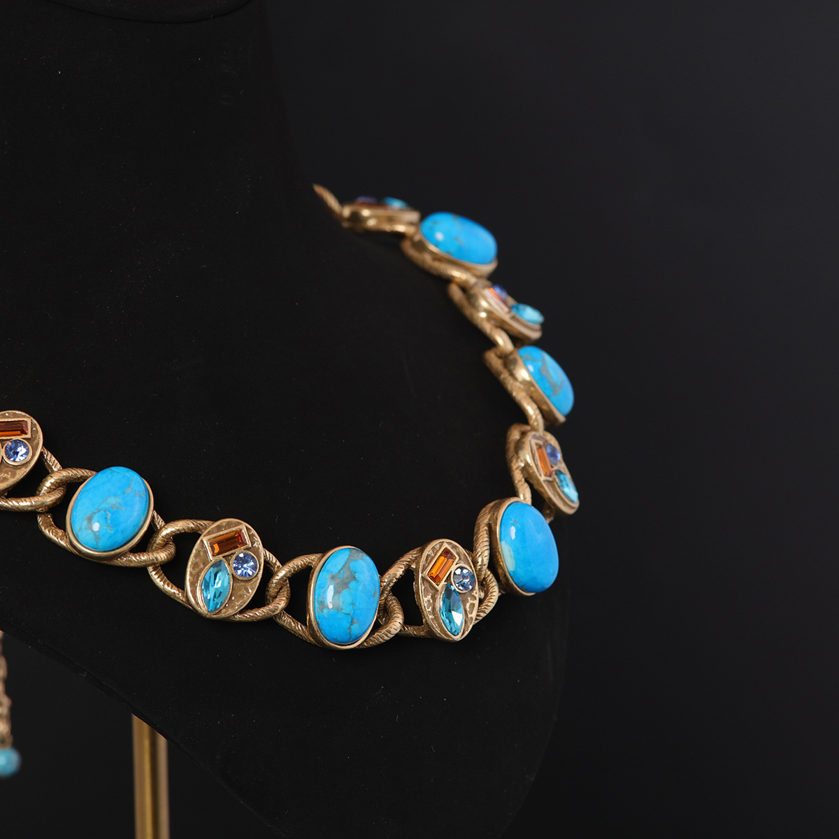 Pendant Necklace – Vintage Gold-Tone Turquoise & Crystal Inlaid Statement Jewelry