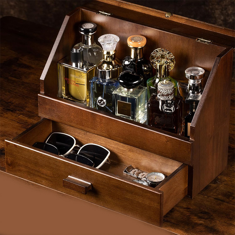 Mens Jewelry Box – Wooden Double-Layer Storage Box for Jewelry & Perfume