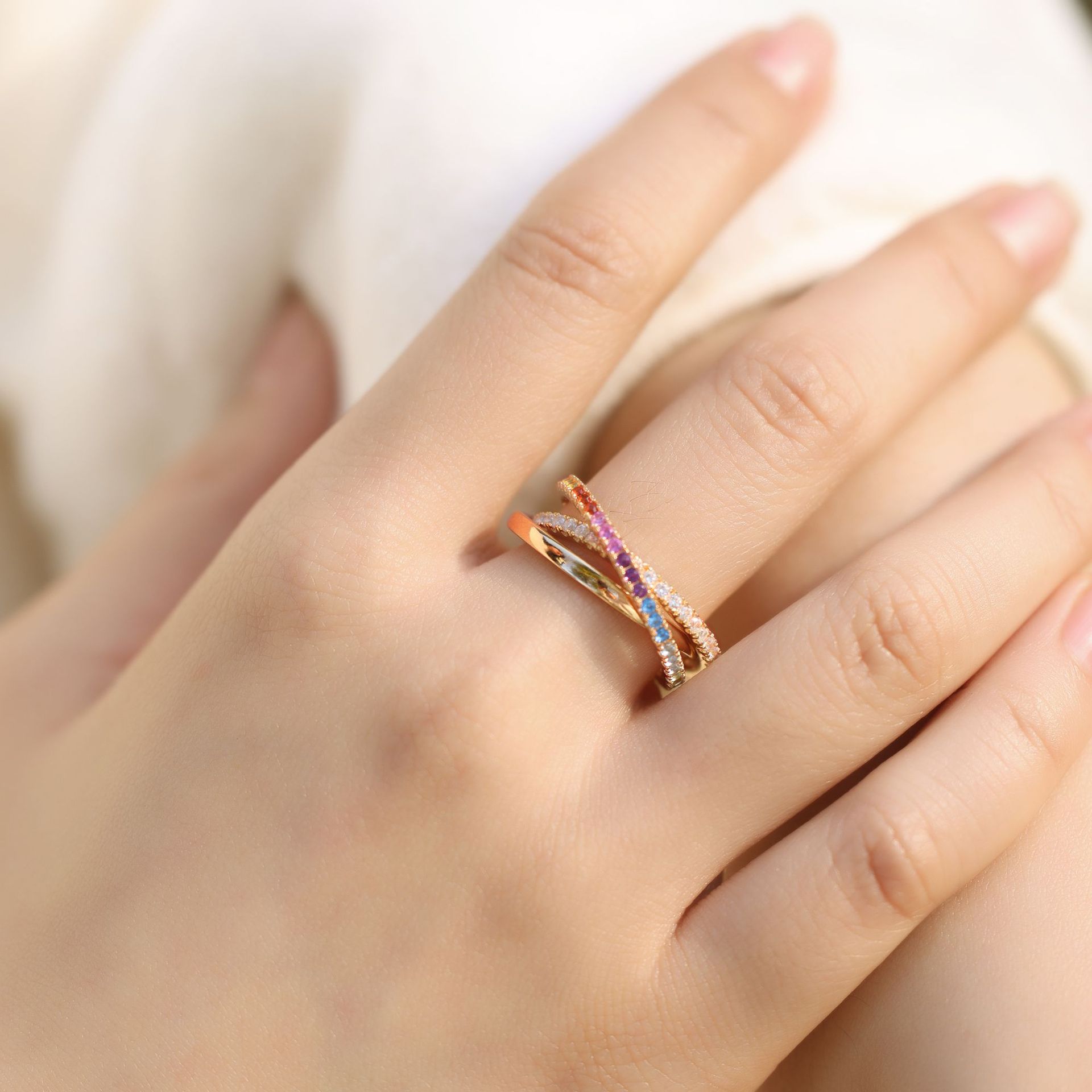 Colorful Zircon Ring-Triple Layer Intertwined Colorful Zircon Ring in 925 Sterling Silver