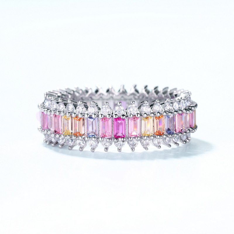 Colorful Zircon Ring – 925 Sterling Silver Single Row Eternity Band