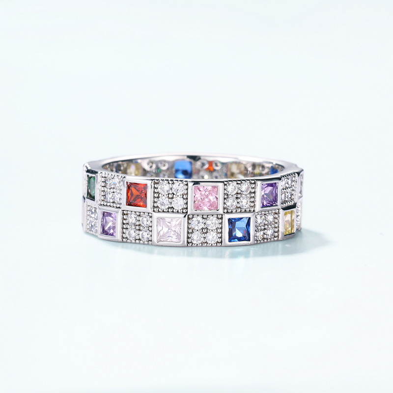 Colorful Zircon Ring – 925 Sterling Silver Rainbow Checkerboard Band