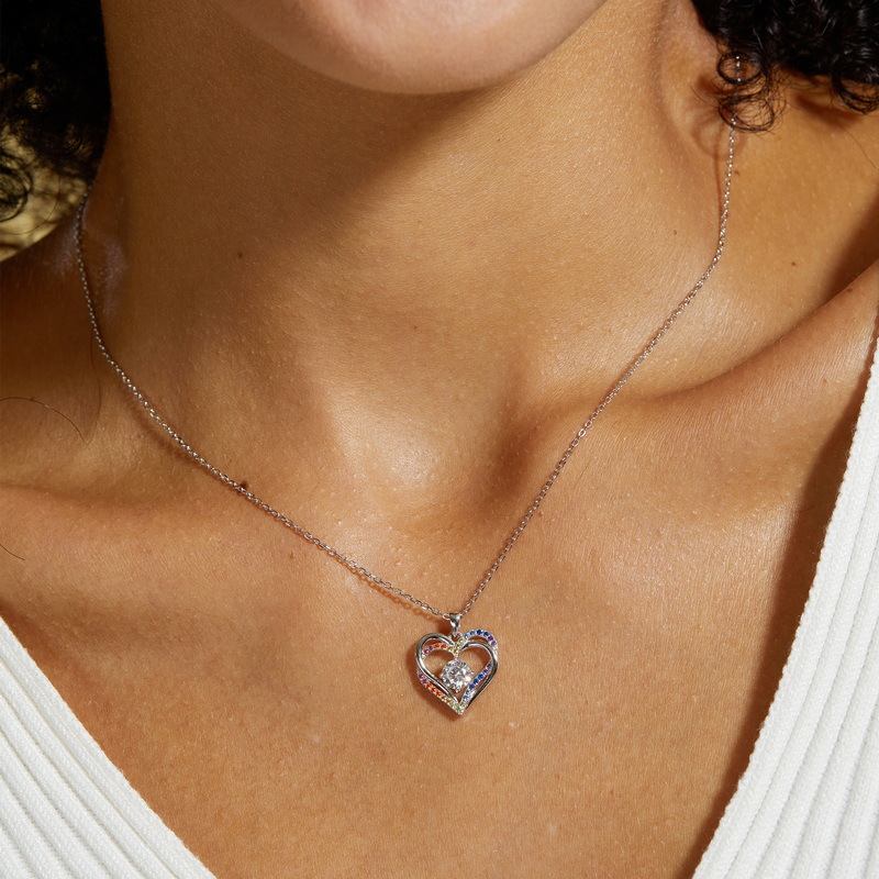 Rainbow Zircon Necklace – Heart Ocean Pendant in 925 Sterling Silver