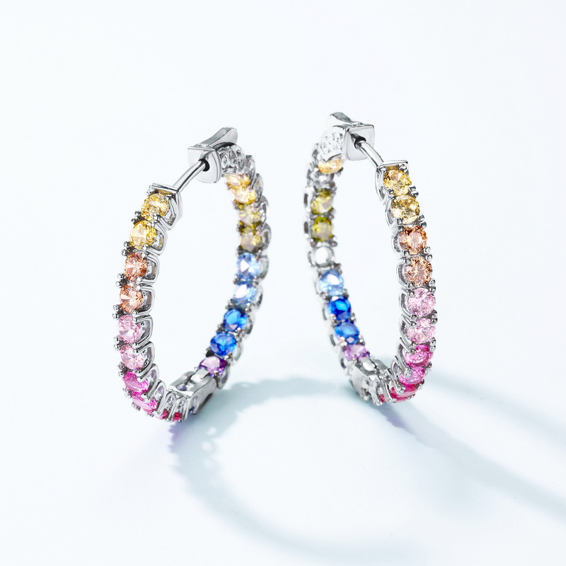 Rainbow Zircon Earrings – 925 Sterling Silver Pavé Hoop Earrings