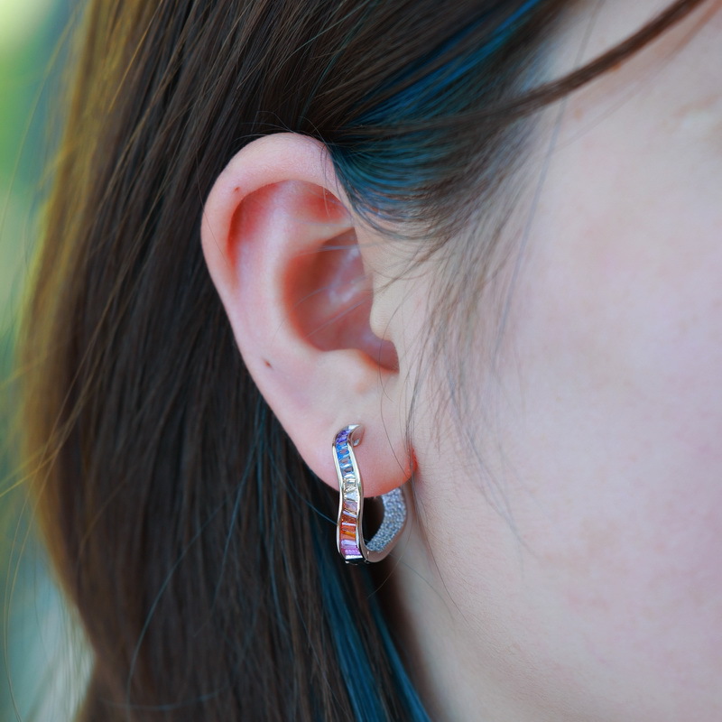 Rainbow Zircon Earrings – Irregular Pavé Hoop Earrings in 925 Silver
