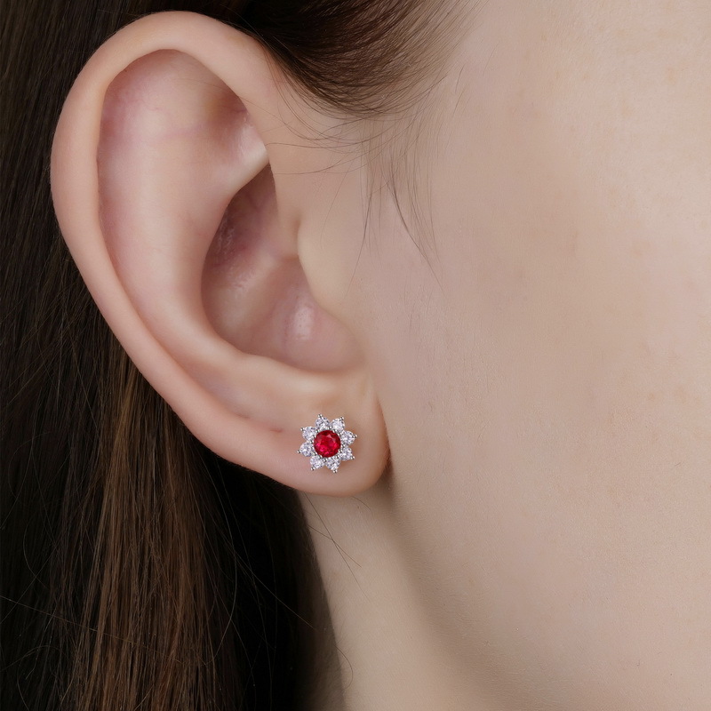 Ruby Stud Earrings – 925 Sterling Silver Flower Ruby Studs for Women