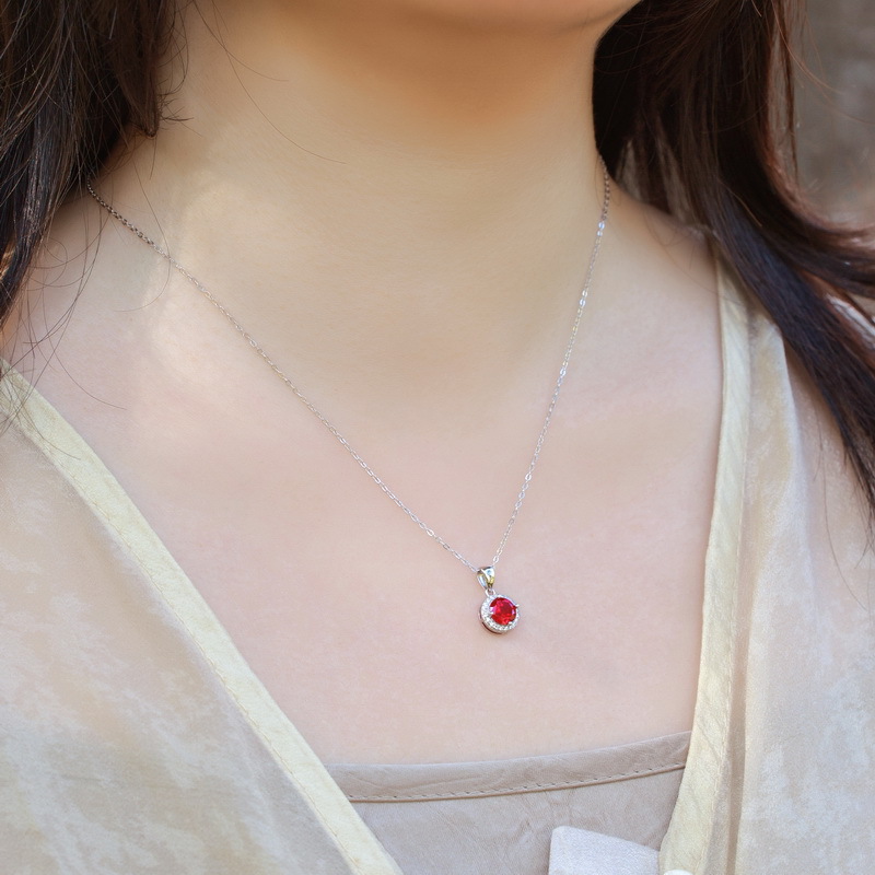 Ruby Pendant Necklace – S925 Sterling Silver Round Collarbone Necklace