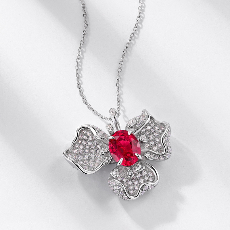 Ruby Pendant Necklace-925 Sterling Silver – Floral Design