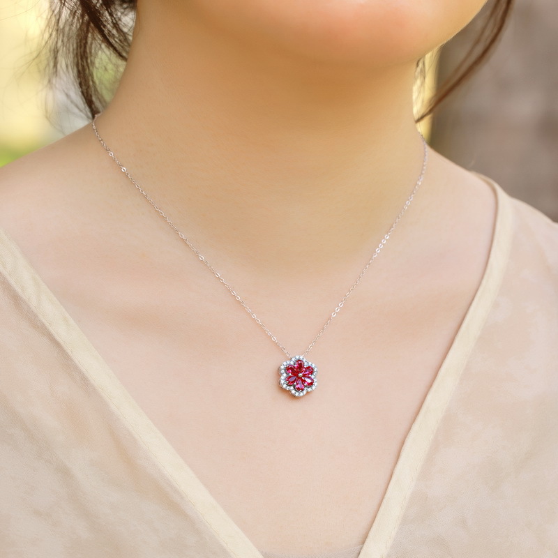 Ruby Pendant Necklace - 925 Sterling Silver Petal Design