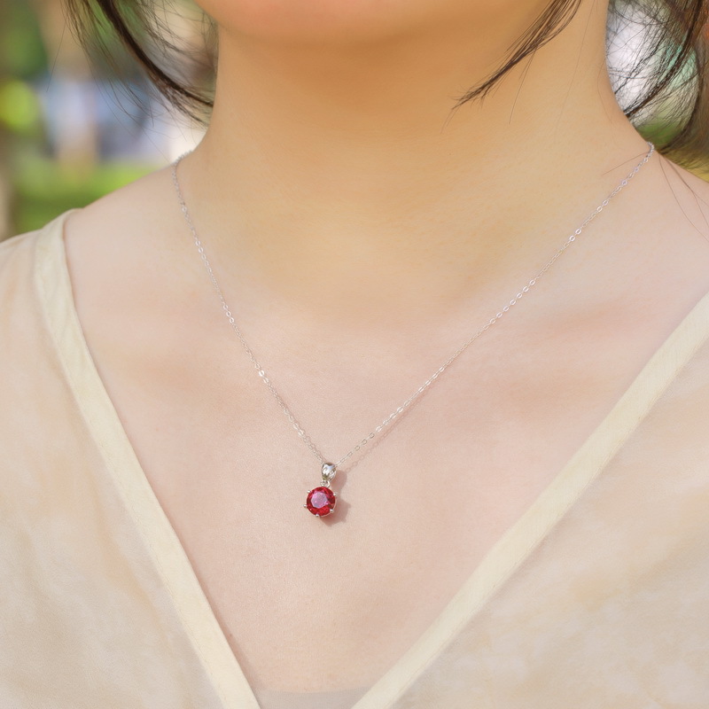 Ruby Pendant Necklace- 925 Sterling Silver Six-Prong Solitaire Necklace