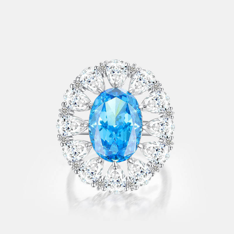 S925 Sterling Silver Oval Aquamarine Ring | Luxury High Carbon Diamond Ice-Cut Ring