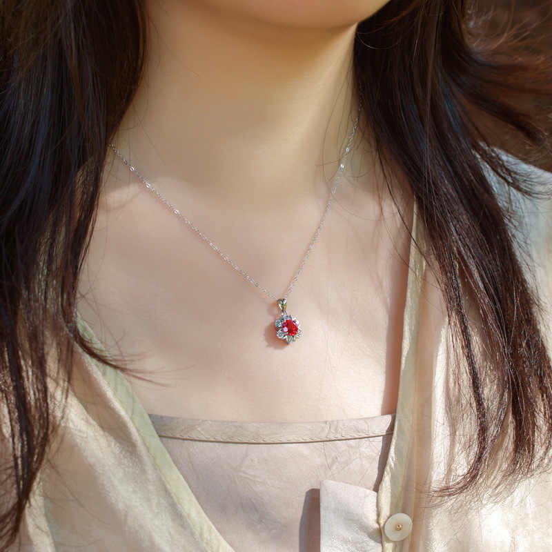 Ruby Pendant Necklace-Floral Ruby Pendant Necklace in 925 Sterling Silver