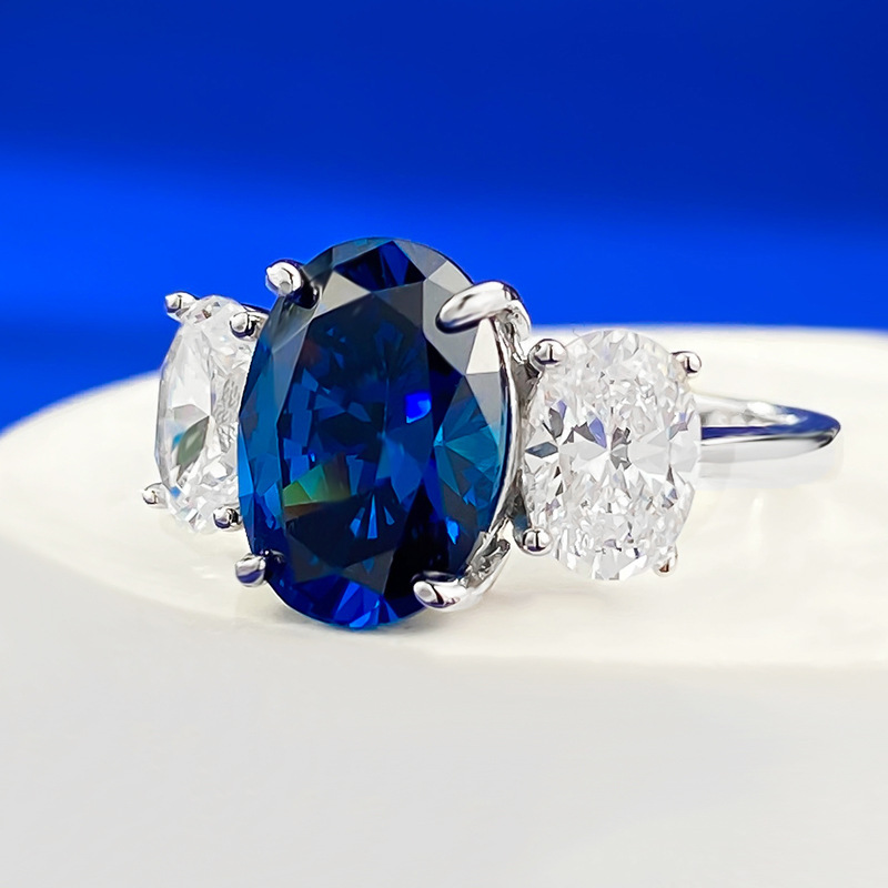 sapphire ring-S925 Silver Royal Blue Sapphire Three Stone Diamond Ring