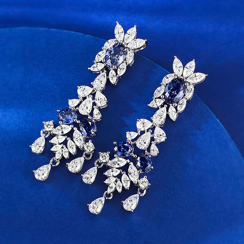  Sapphire Earrings-S925 Silver Tanzanite Blue Sapphire Oval Vintage Court Earrings