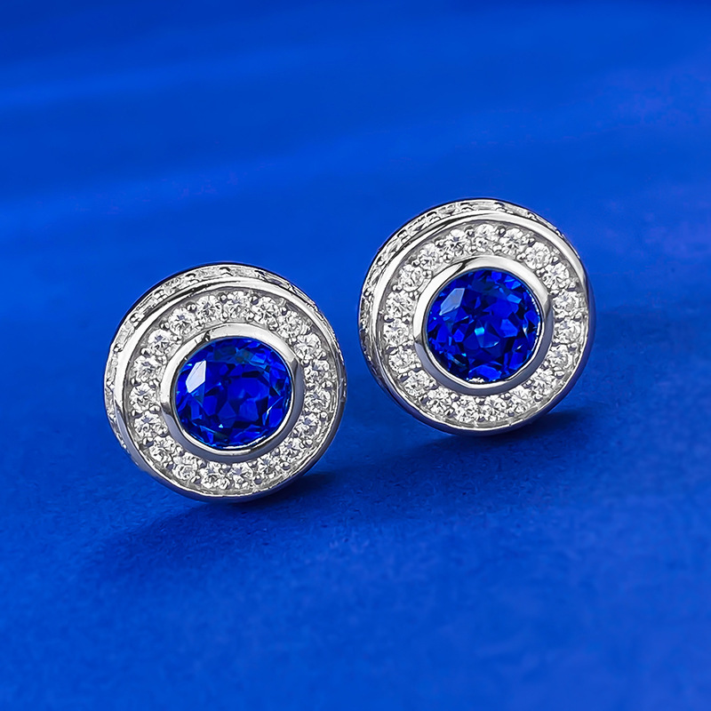 Sapphire Earrings-S925 Silver Round Blue Sapphire Pavé Diamond Stud Earrings