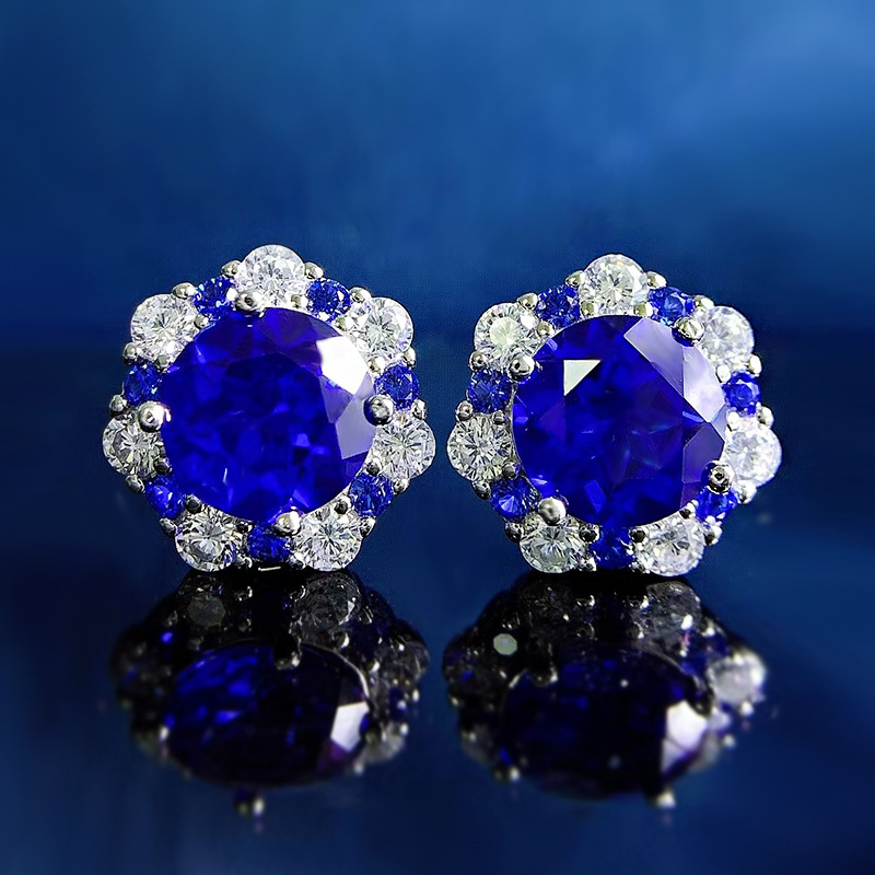 Sapphire Earrings-S925 Silver Floral Edge Blue Sapphire Stud Earrings