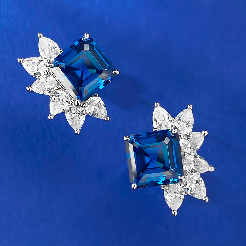 Sapphire Earrings-S925 Silver Royal Blue Square Sapphire Floral Stud Earrings