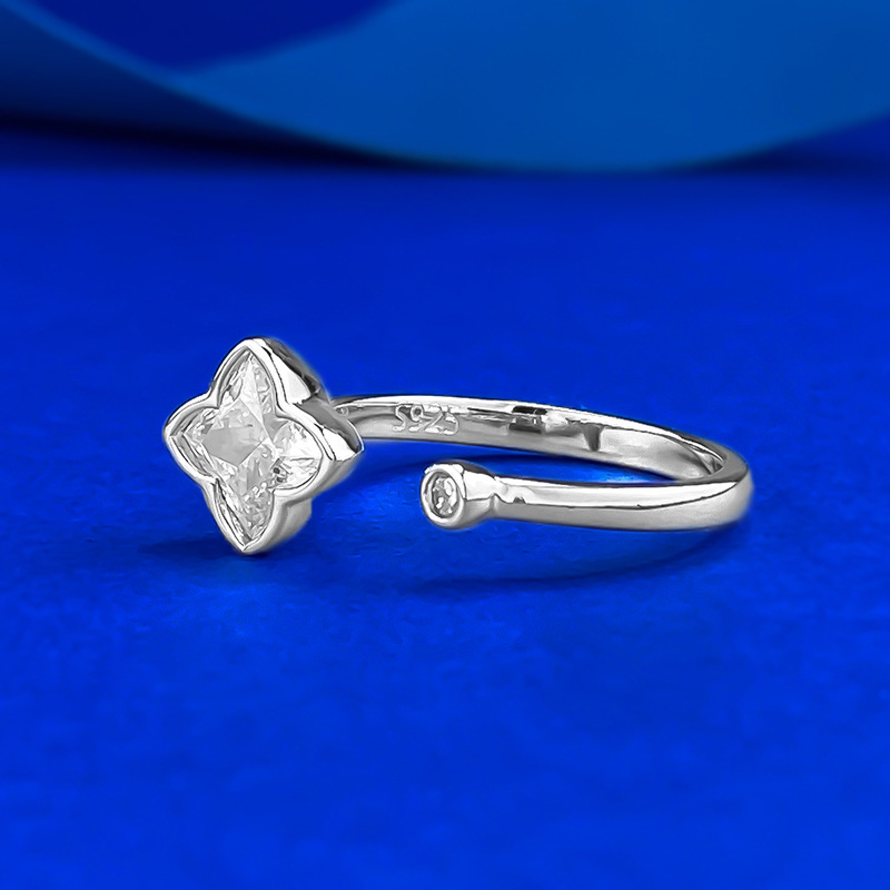 Moissanite Ring - Open Lily Clover Floral Design in S925 Silver