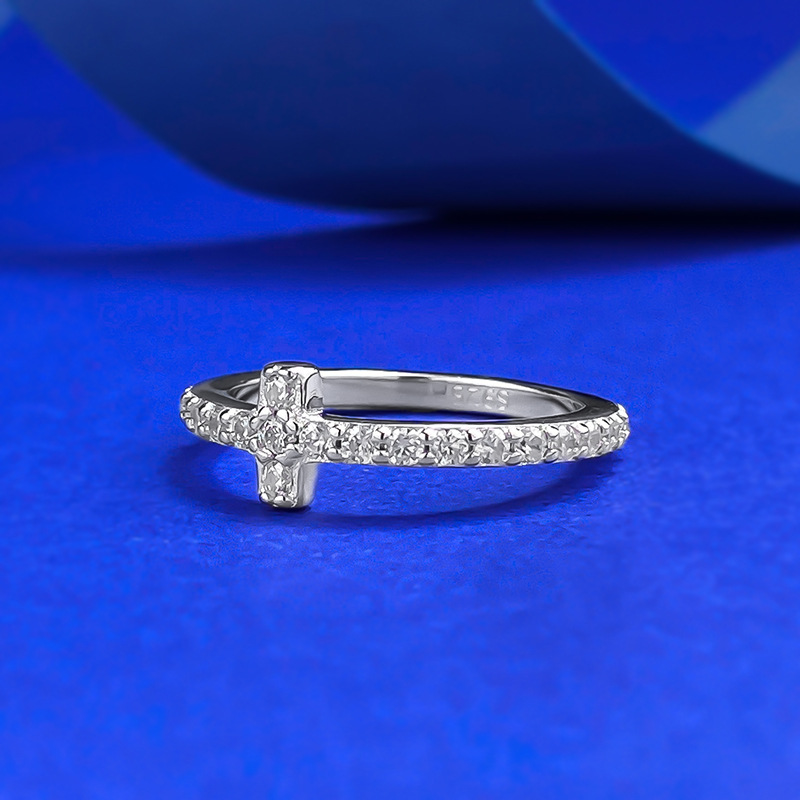 Moissanite Ring - Geometric Cross Design in S925 Sterling Silver