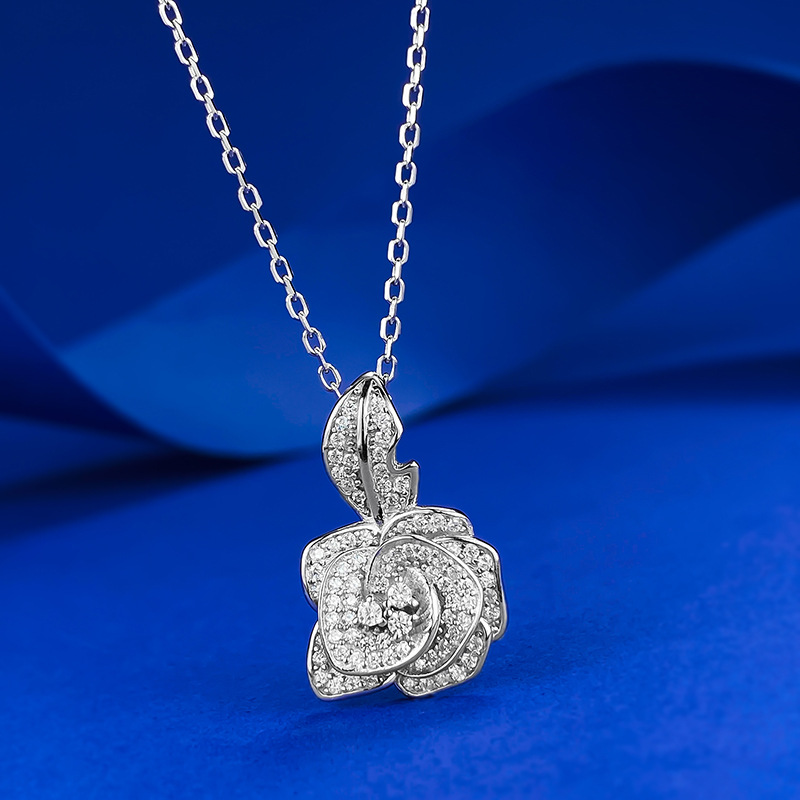 Moissanite Pendant Necklace - Camellia Flower in S925 Sterling Silver