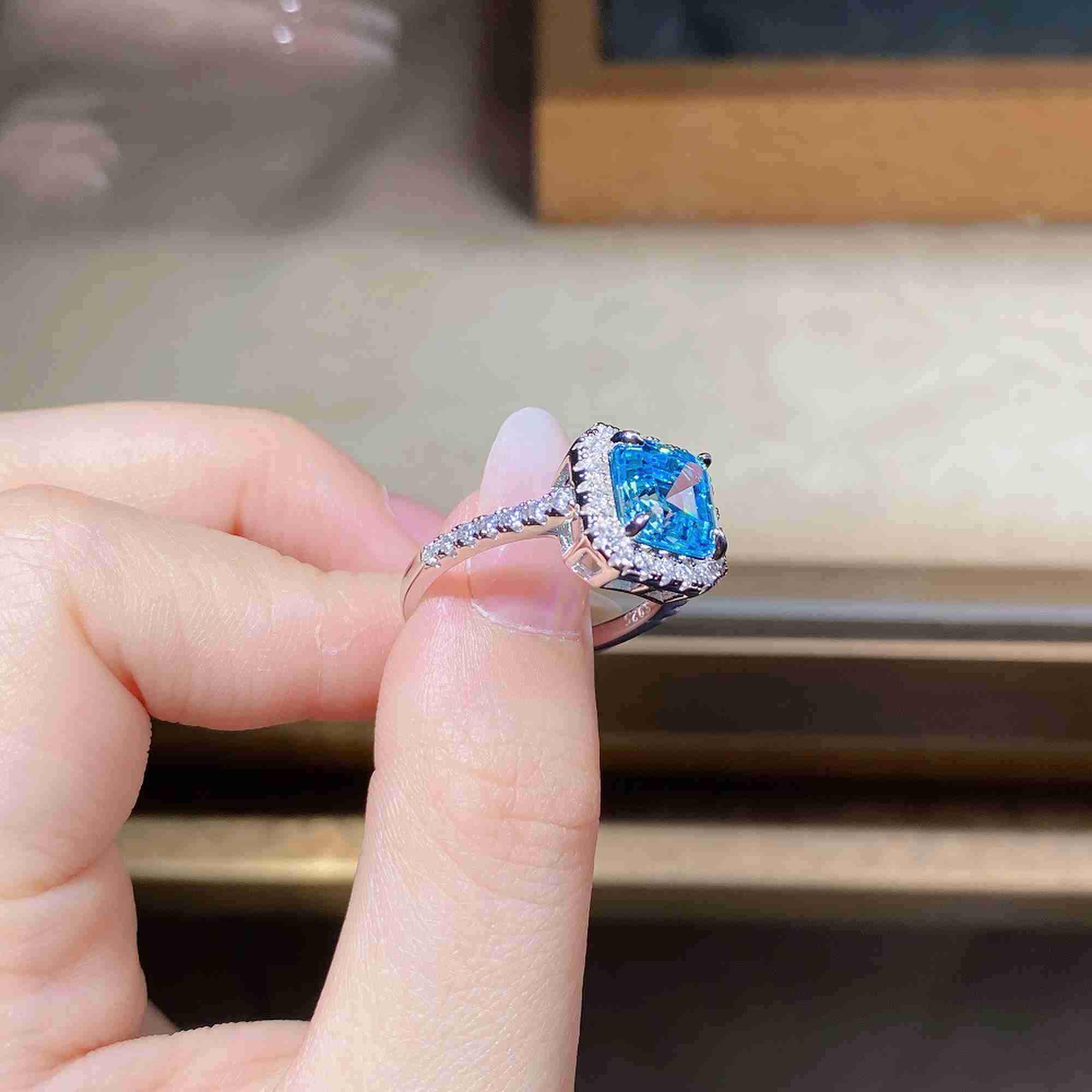 Aquamarine Engagement Ring – Asscher Cut CZ Halo Ring in S925 Sterling Silver