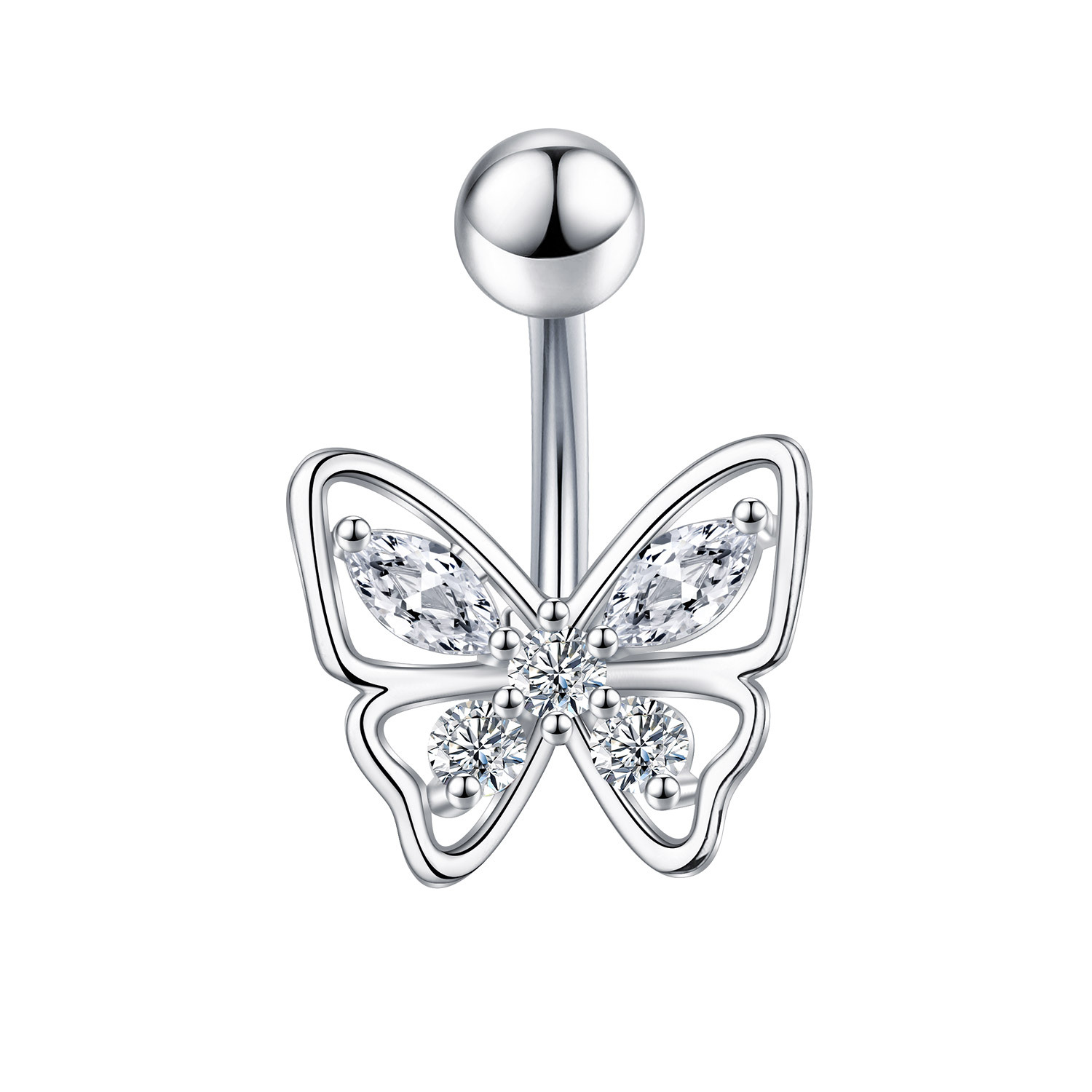 Heart CZ Belly Piercing Ring – Double Gem Curved Barbell 14G
