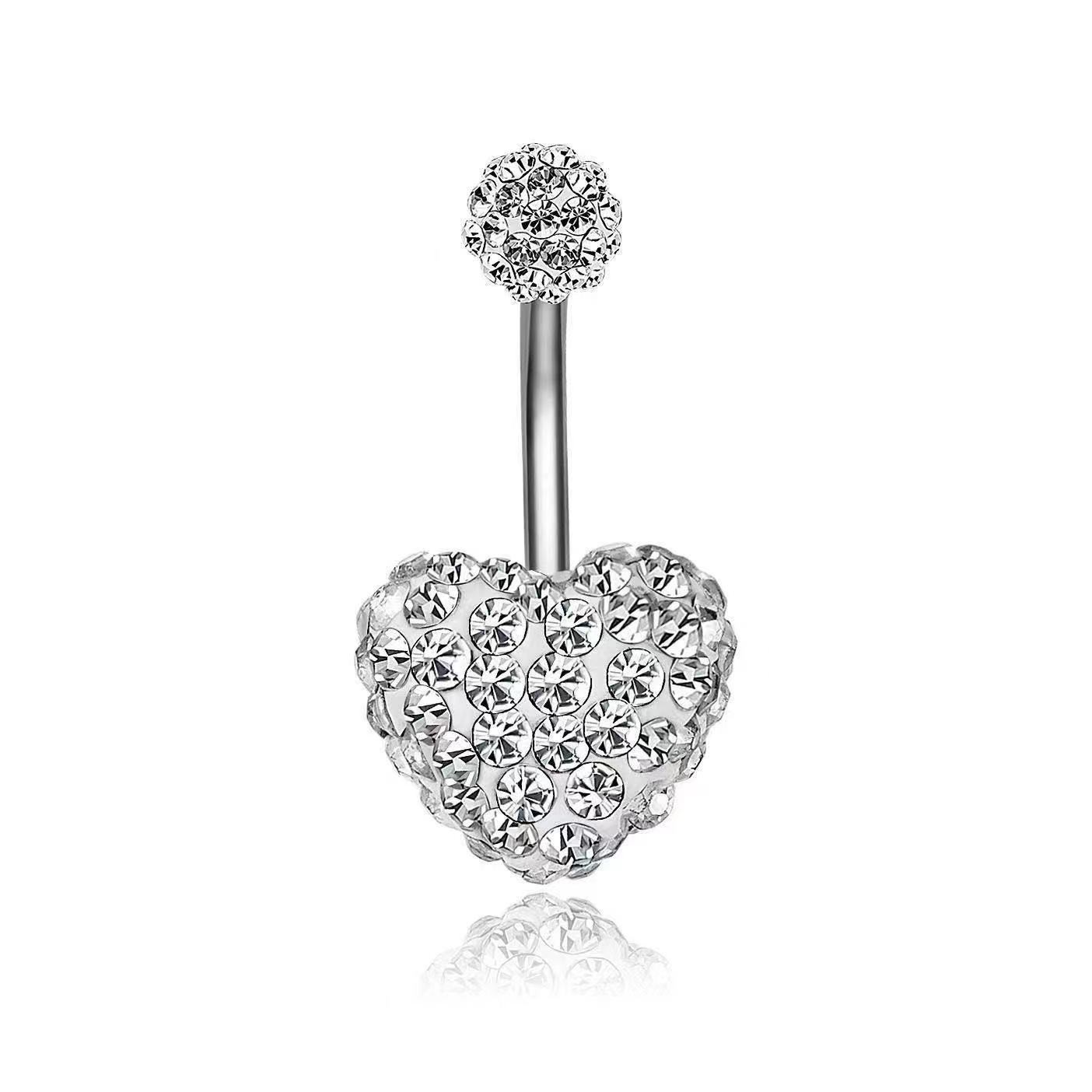 Heart CZ Belly Piercing Ring – Double Gem Curved Barbell 14G