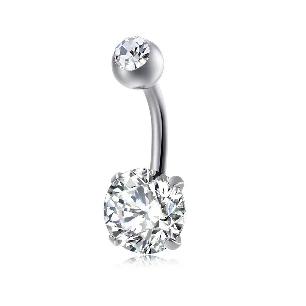 Heart CZ Belly Piercing Ring – Double Gem Curved Barbell 14G