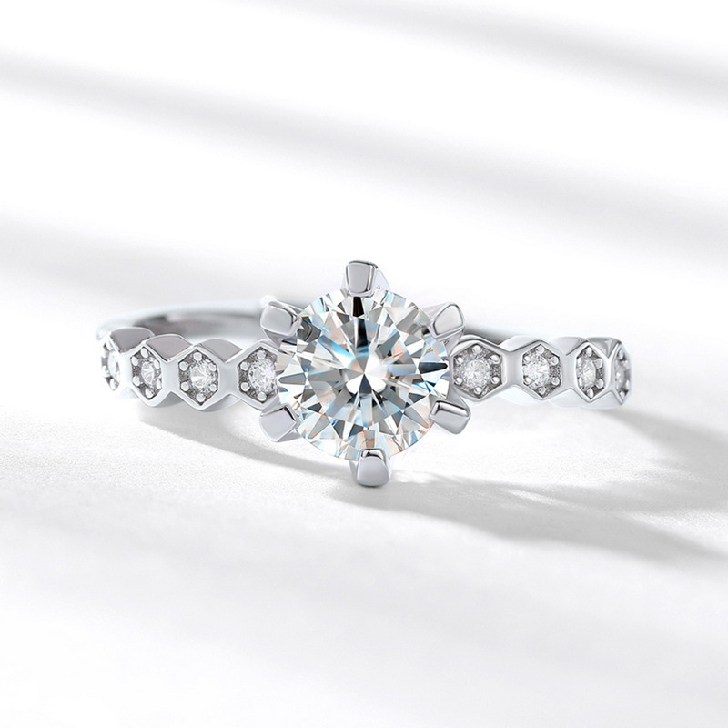 Hexagon Moissanite Engagement Ring – 6 Prong 8 Heart 8 Arrow Design