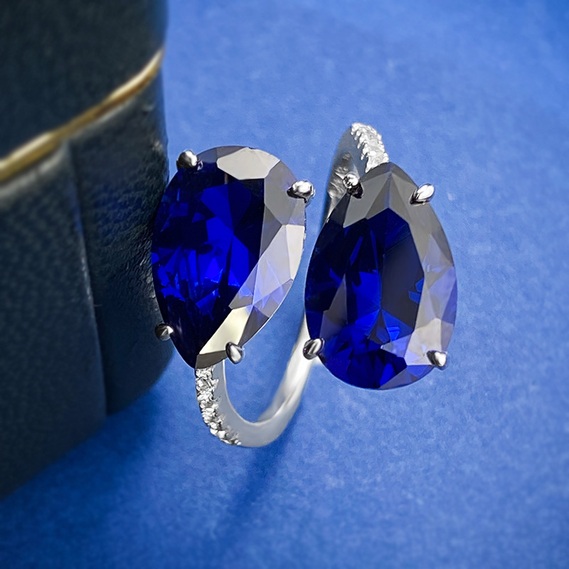 Sapphire Ring-S925 Silver Double Pear Blue Sapphire Open Ring