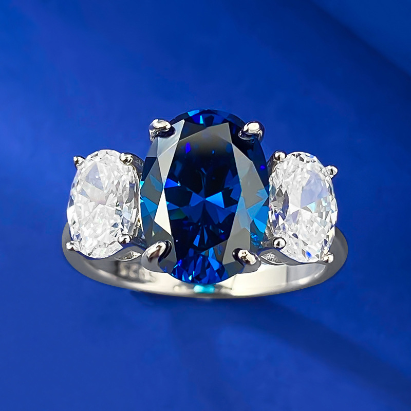 sapphire ring-S925 Silver Royal Blue Sapphire Three Stone Diamond Ring