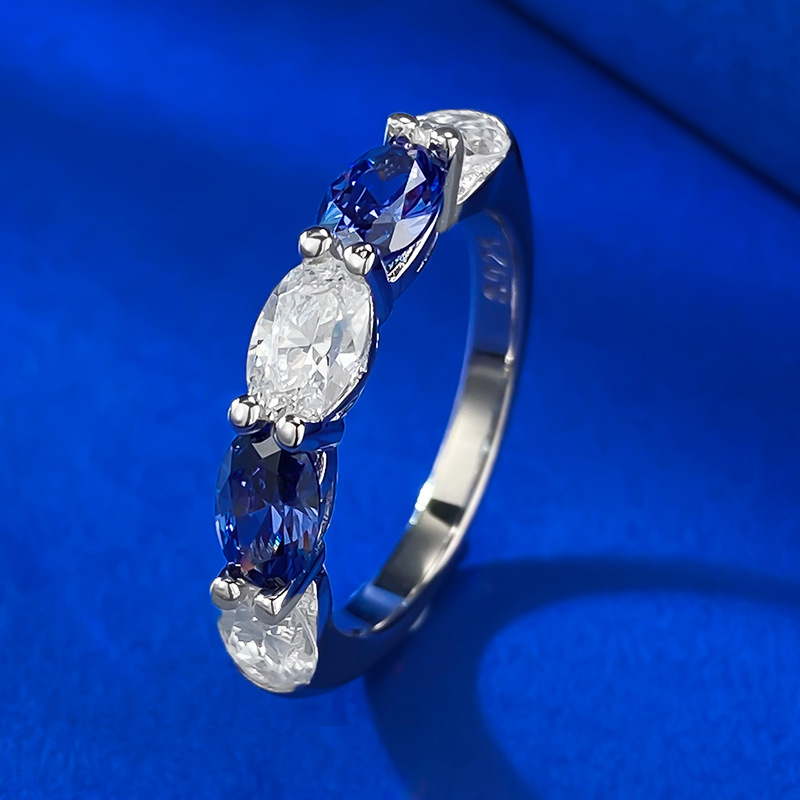Sapphire Ring-S925 Silver Oval White Diamond & Tanzanite Blue