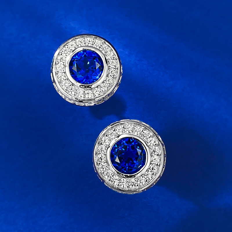 Sapphire Earrings-S925 Silver Round Blue Sapphire Pavé Diamond Stud Earrings