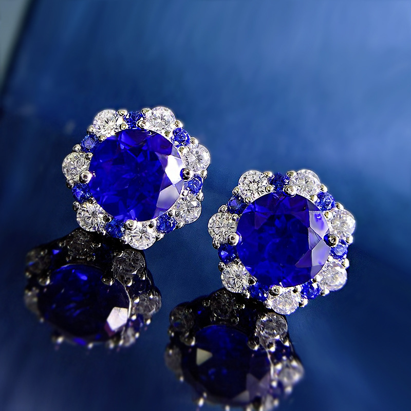 Sapphire Earrings-S925 Silver Floral Edge Blue Sapphire Stud Earrings