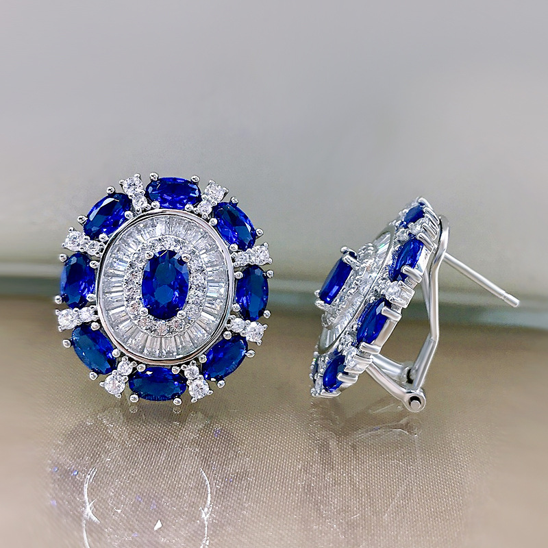Sapphire Earrings - S925 Sterling Silver Oval Sapphire Stud Earrings Classic Gemstone Design