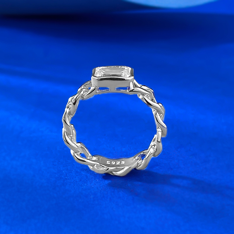 Moissanite Ring - Cuban Chain Rectangle Cut in S925 Silver