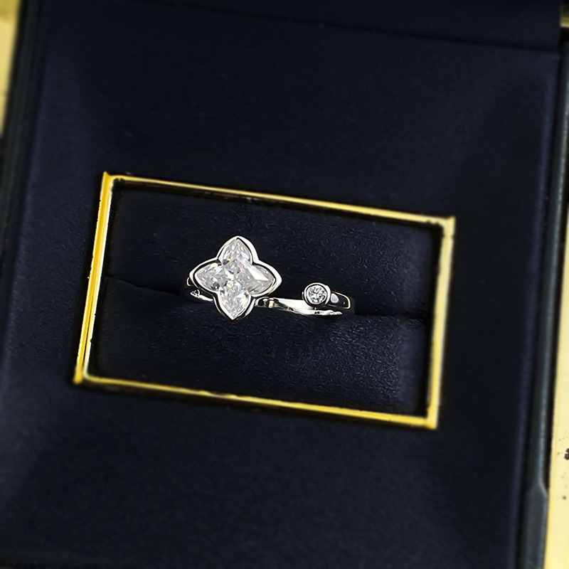 Moissanite Ring - Open Lily Clover Floral Design in S925 Silver