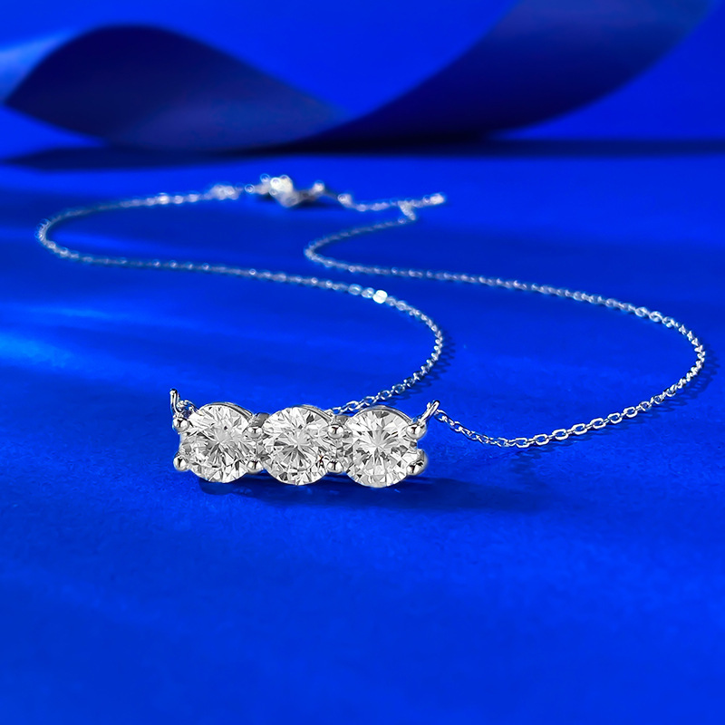 Moissanite Necklaces - Triple Round Pendant Collarbone Chain in S925 Silver