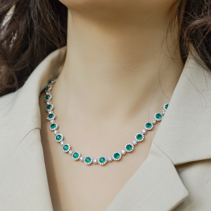 Full pave emerald tennis necklace in 925 sterling silver