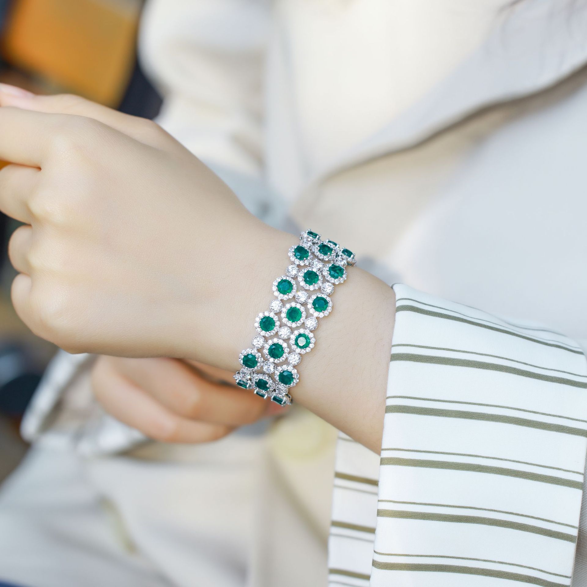 Sterling silver emerald tennis bracelet full pave design

