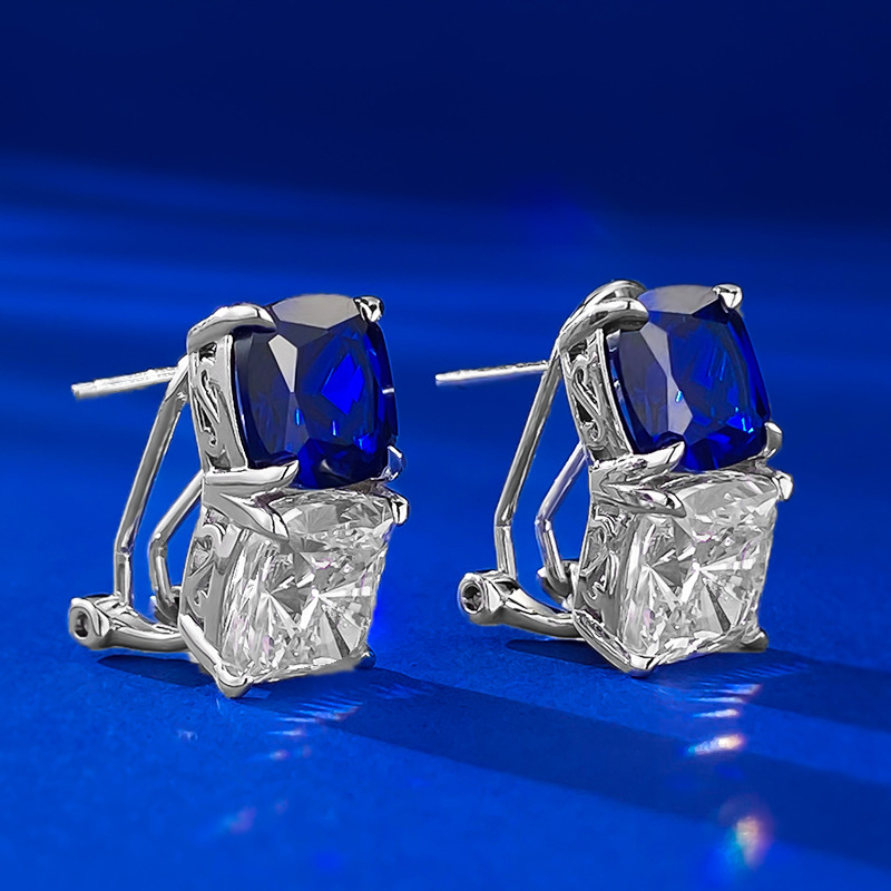 Sapphire Earrings - Blue & White Design in S925 Sterling Silver