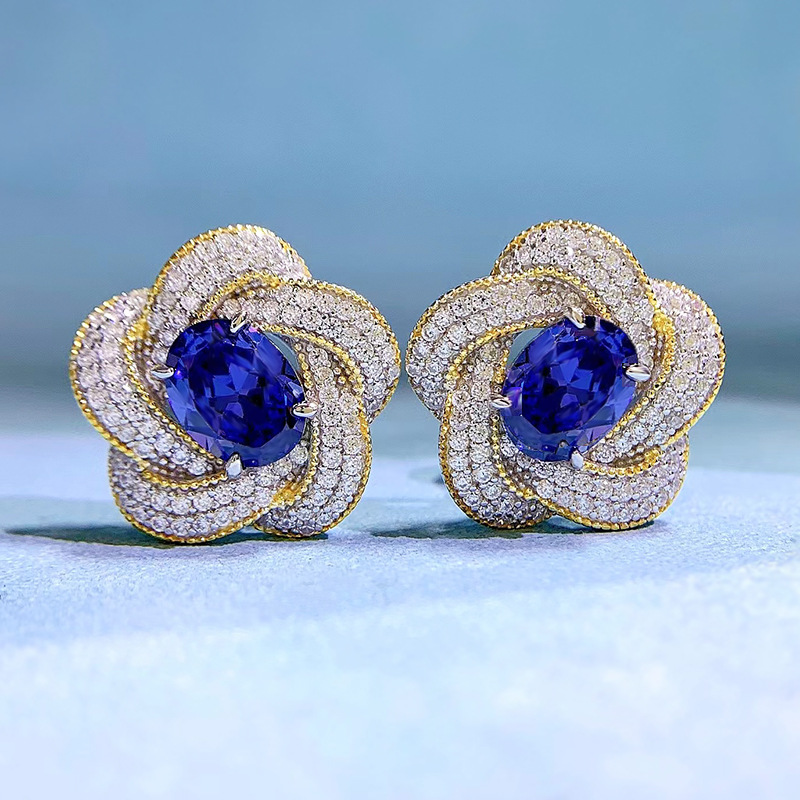 Sapphire Earrings - Floral Design in S925 Sterling Silver