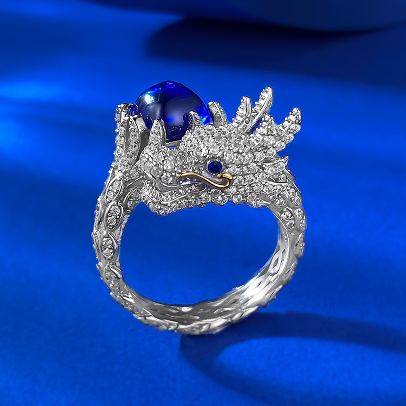Sapphire Ring - Dragon Design Sugarloaf in S925 Sterling Silver