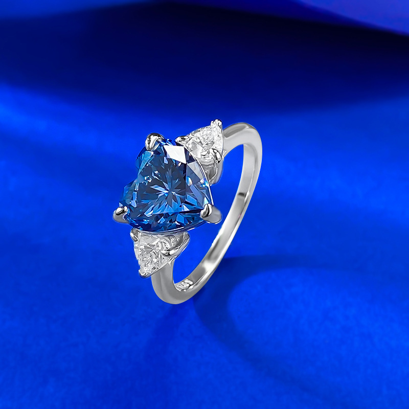 Sapphire Ring - Heart Blue-Gray Three Stone in S925 Sterling Silver